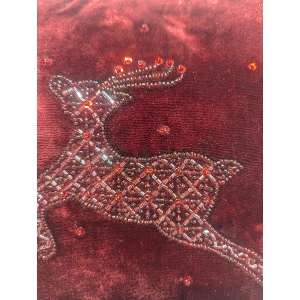 VTG Pottery Barn Red Velvet Christmas Reindeer Bead Sequin Throw Pillow Holiday